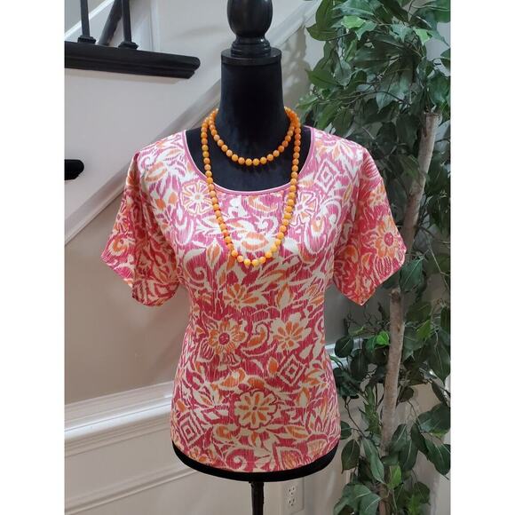 Ruby Rd. Women's Pink Floral Striped 100% Polyester Short Sleeve Top Blouse 14 - Picture 1 of 13